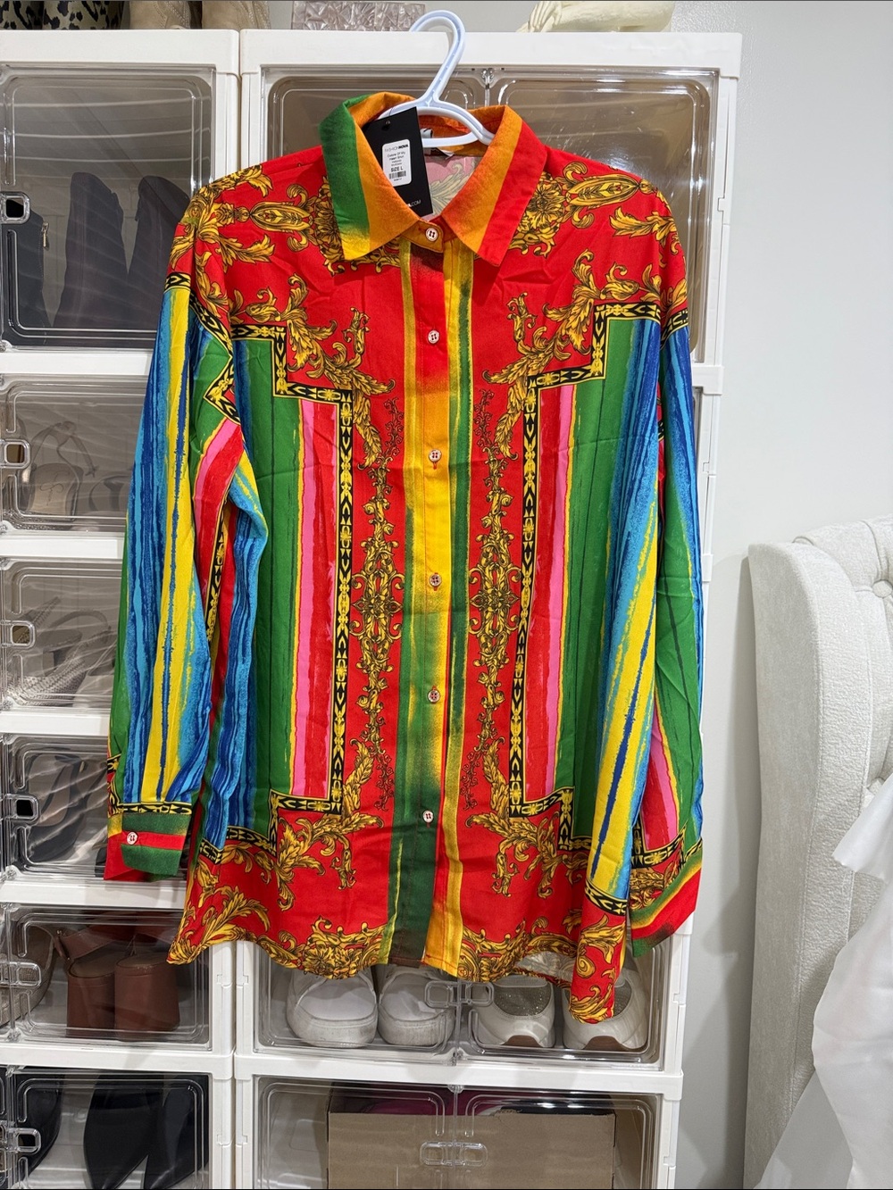 Fashion Nova Red Multicolor Baroque Stripe Button-Down Shirt